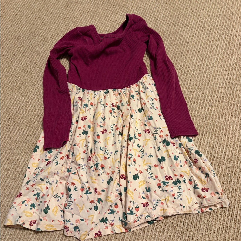 Girls Long Sleeve maroon Knit Top with Floral Cream Skirt Dress